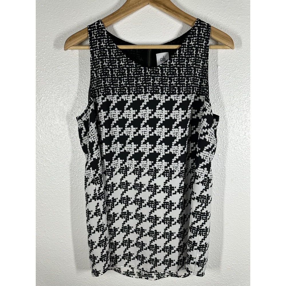 Cabi Shirt Womens Medium‎ Black White Sleeveless Houndstooth Print Blouse